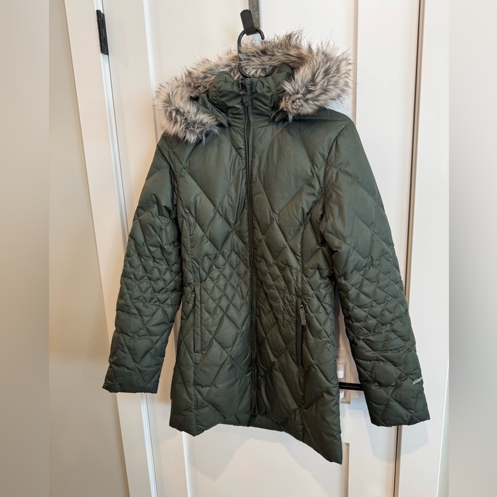 Eddie Bauer Olive Puffer Jacket with Faux Fur Hood